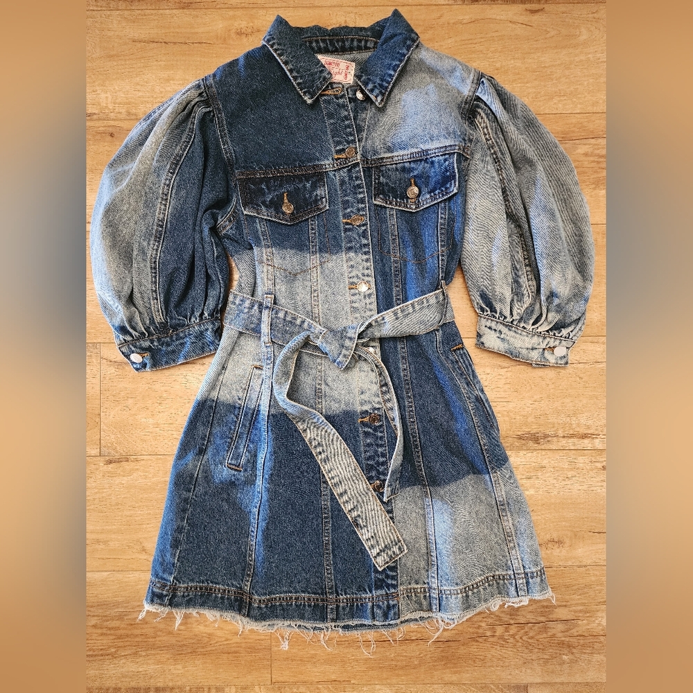 NWOT Signature 8 Patchwork Heavy Denim Mini Dress M Puff Sleeves Belted Sealed - Picture 4 of 11